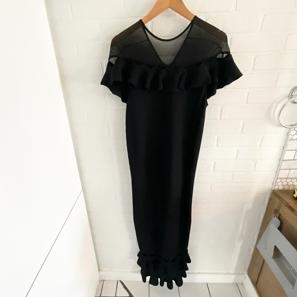 Sachin&Babi Black Ruffle Hem Maxi Dress Sheer Mesh Yoke Column Gown Floor Length - Picture 2 of 11